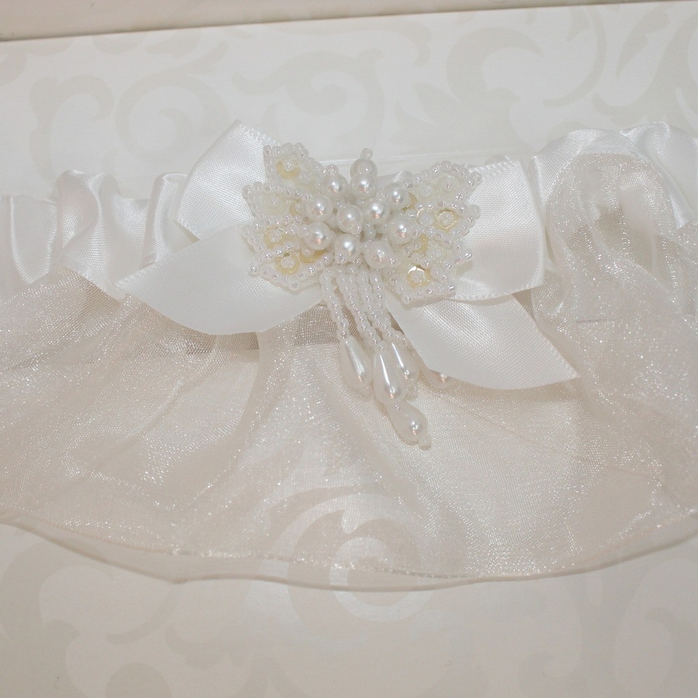 Lillian Rose Bridal Garter Beaded Faux Pearl Bow Organza White Wedding Accessory